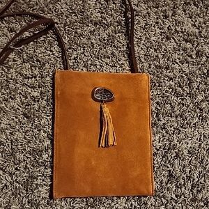 MOST WANTED USA REAL LEATHER SUEDE CROSSBODY POUCH COGNAC COLOR LINED NWOT